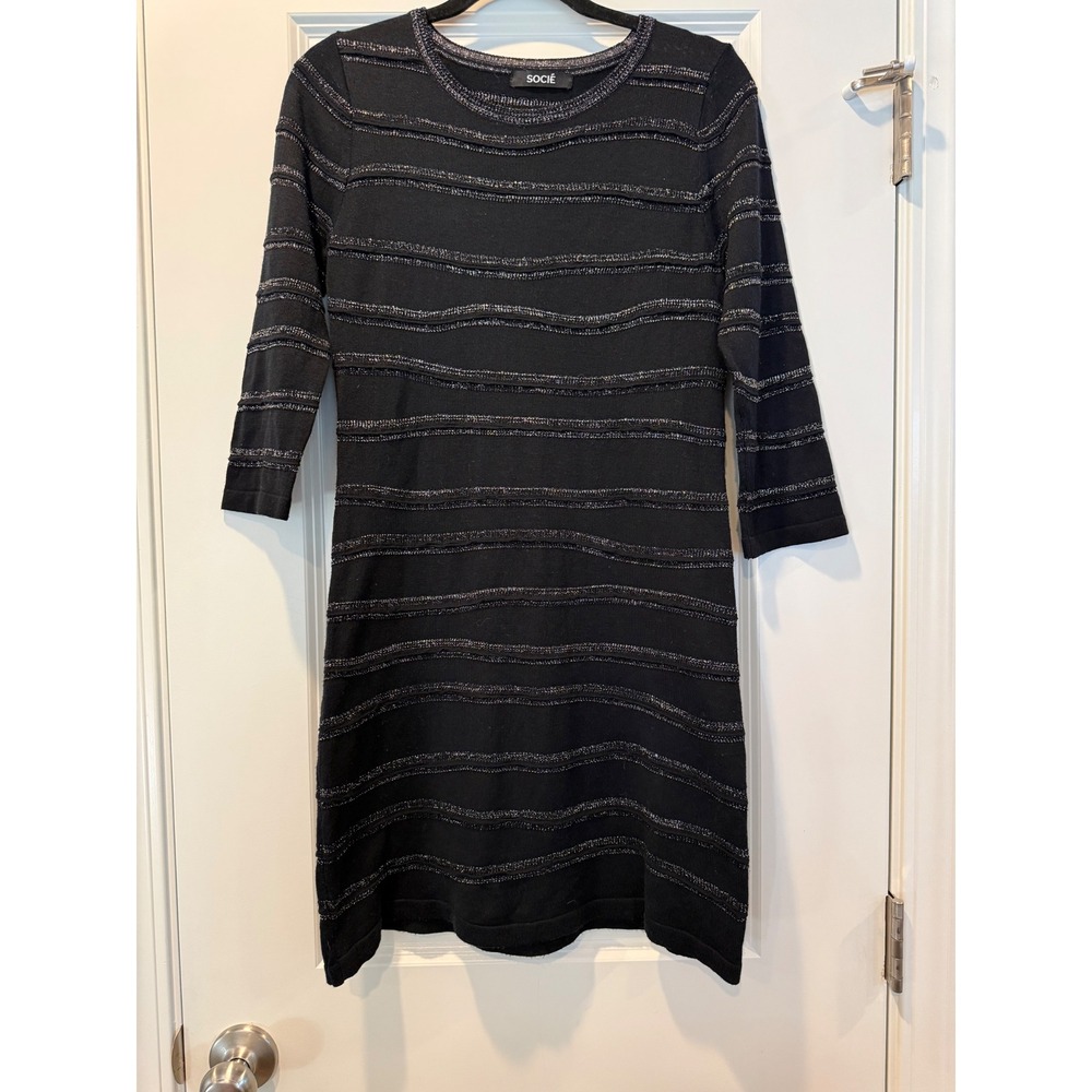 SOCIE Black Metallic Striped Knit Sheath Dress 3/4 Sleeve SOOK‎ 15C309090